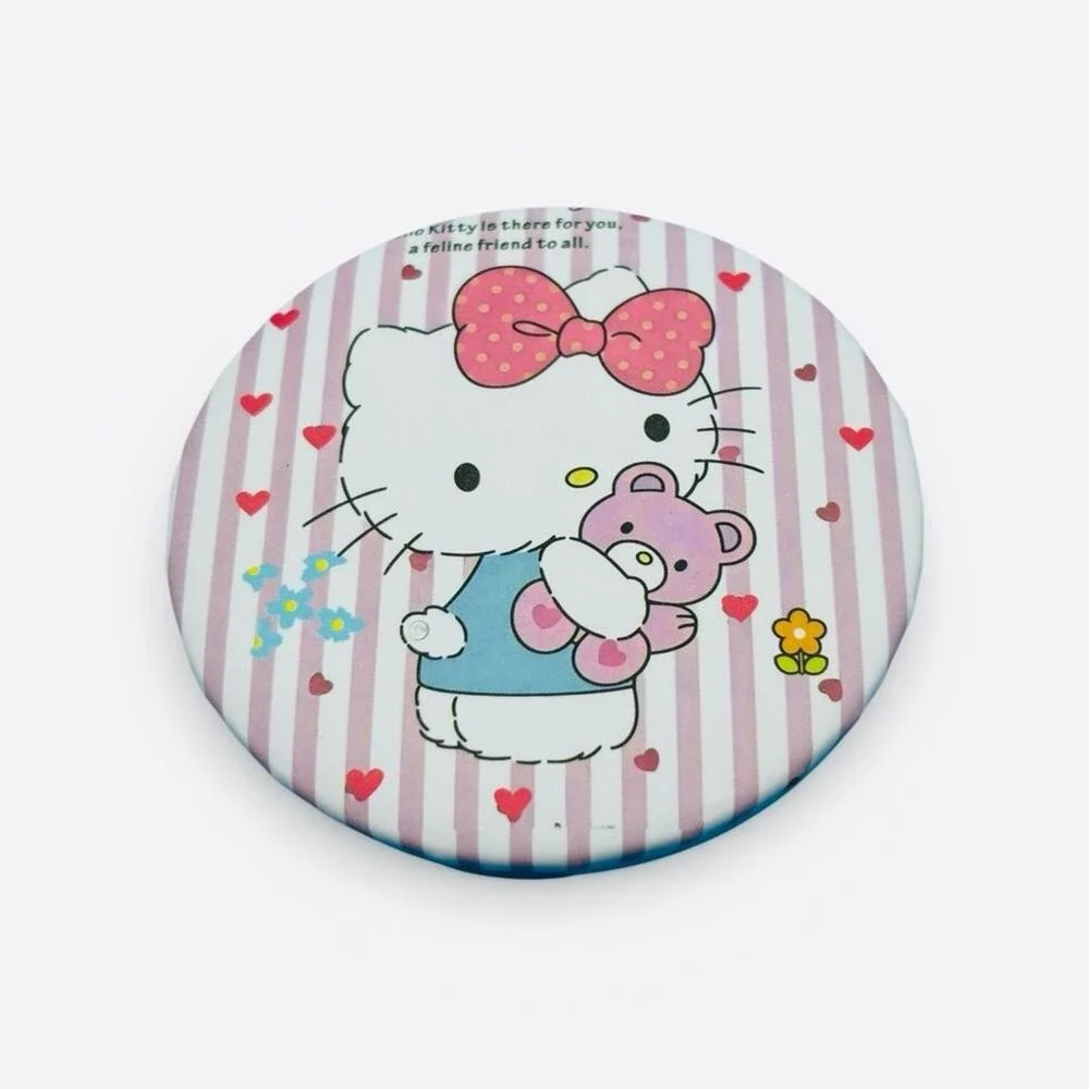 Sanrio Hello Kitty Compact Mirror Pink White Stripe Teddy Bear Dual Sided